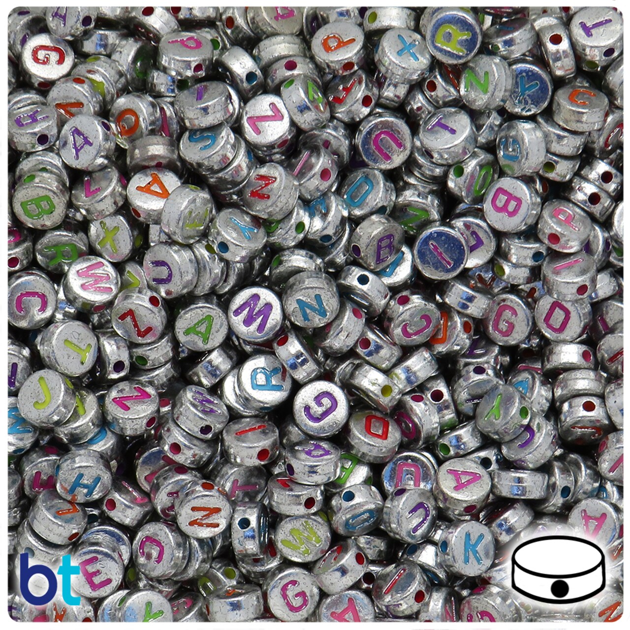 BeadTin Silver Metallic 7mm Coin Alpha Beads - Colored Letter Mix (250pcs)